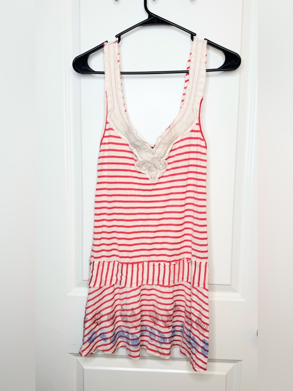 Free People Tunic Top Dress Medium Pink Stripe Boho Crochet Beach Cover Up